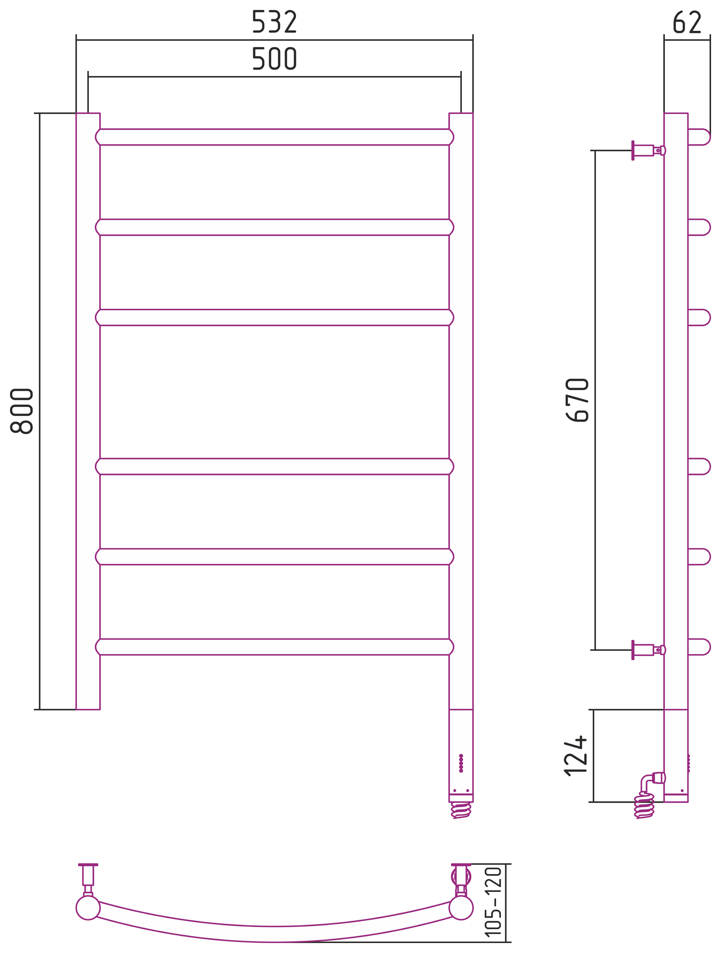 Полотенцесушители Полотенцесушитель электрический 800х500 / Прямой МЭМ правый (Матовый чёрный) 