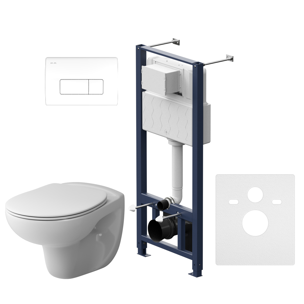 Унитазы Инсталляция с клавишей Pro M цвет белый с подвесным унитазом Sense безободковым с сидением микролифт 