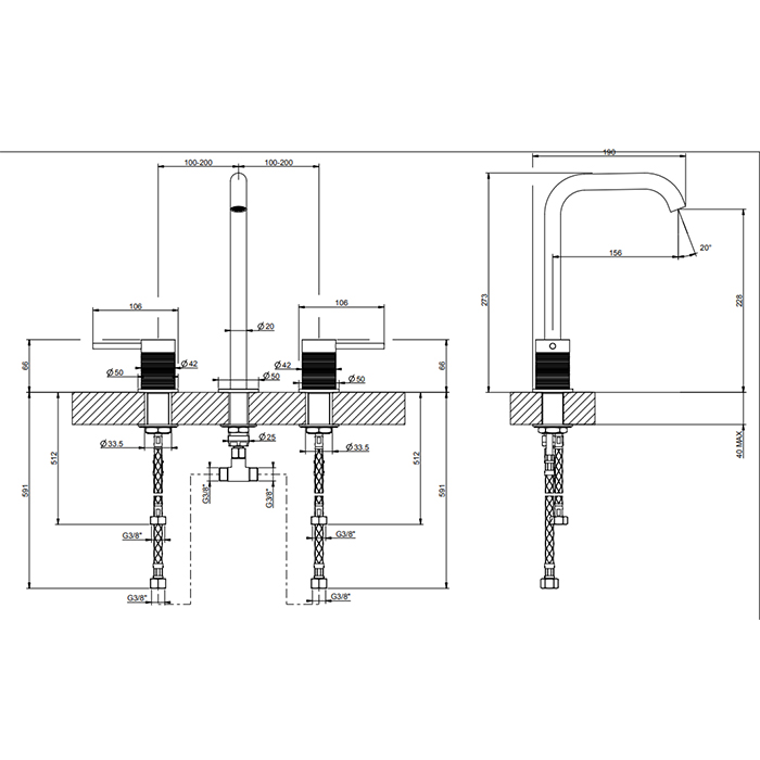 Смесители Смеситель для раковины на 3 отверстия, без донного клапана, излив 156 мм, h=228 мм, цвет черный шлифованный металл 