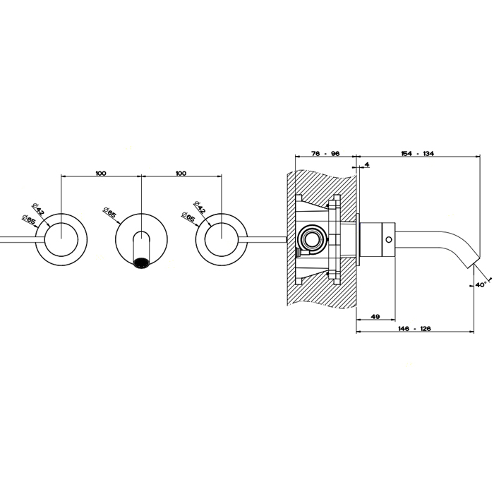 Смесители Встраиваемый смеситель для раковины на 3 отверстия с изливом, без донного клапана, цвет шлифованная сталь 