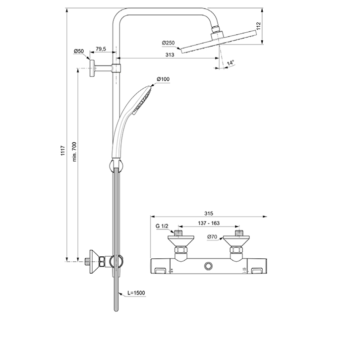 Душевая программа Душевая система с термостатом и ручным душем, корпус Coolbody, руч. душ: 3 режима, верх. душ: 200 мм, цвет хром 