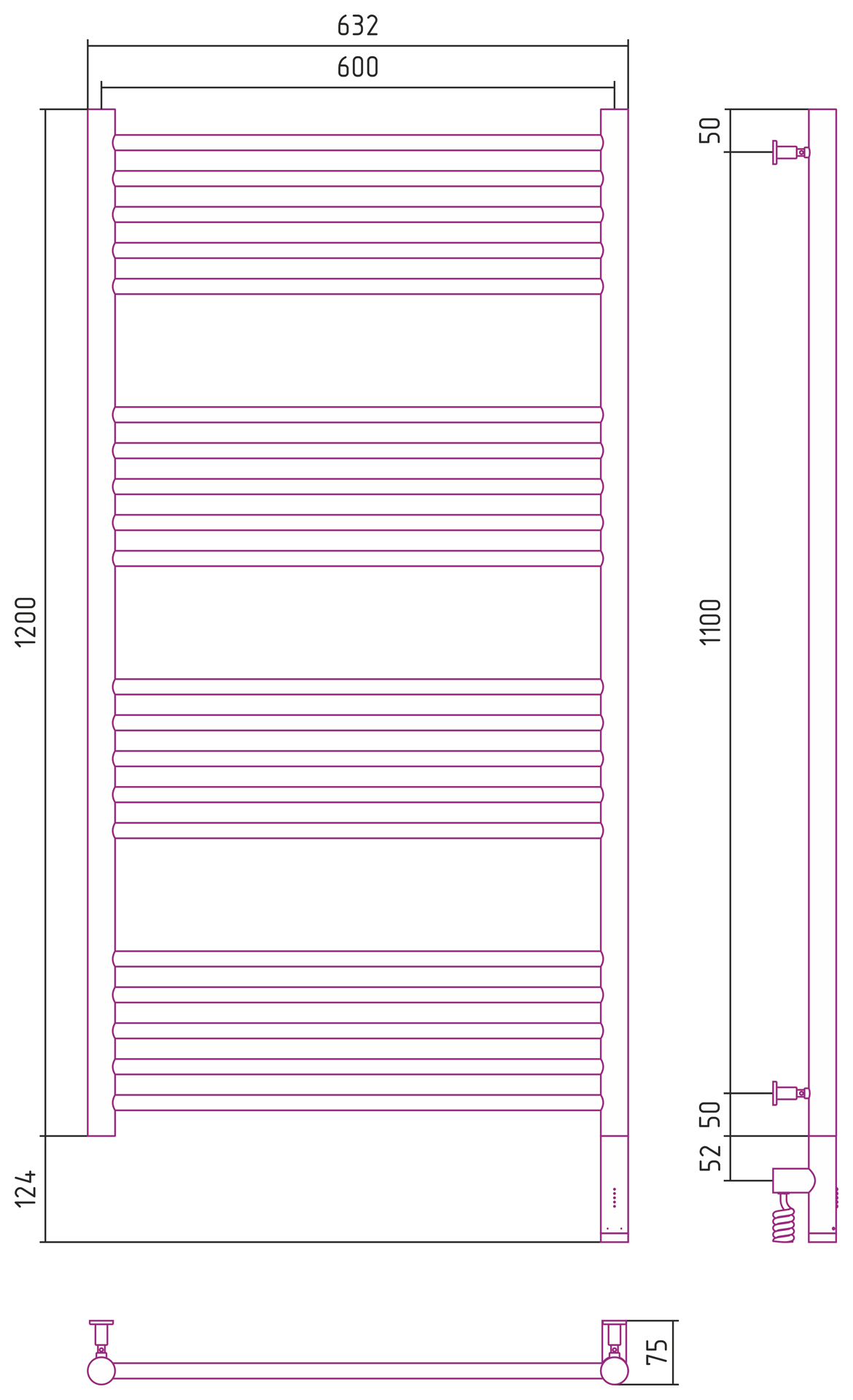Полотенцесушители Радиатор электрический прямая 1200х600 электрический модуль правый 