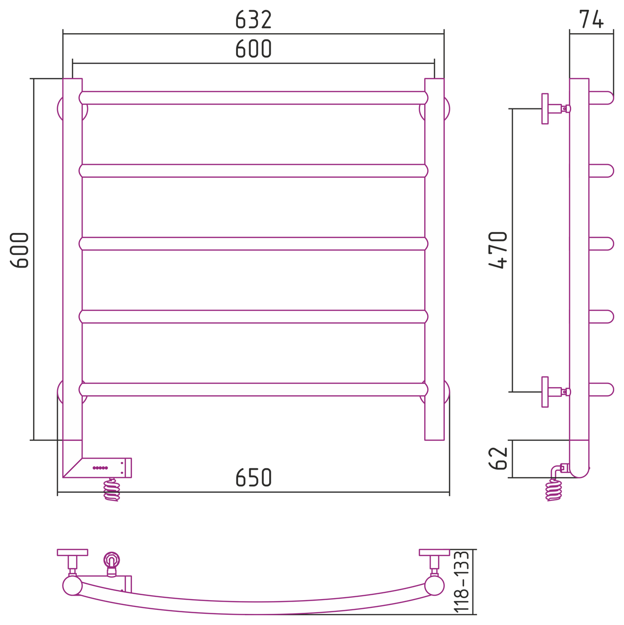 Полотенцесушители Радиатор электрический 600х600 электрический модуль левый 