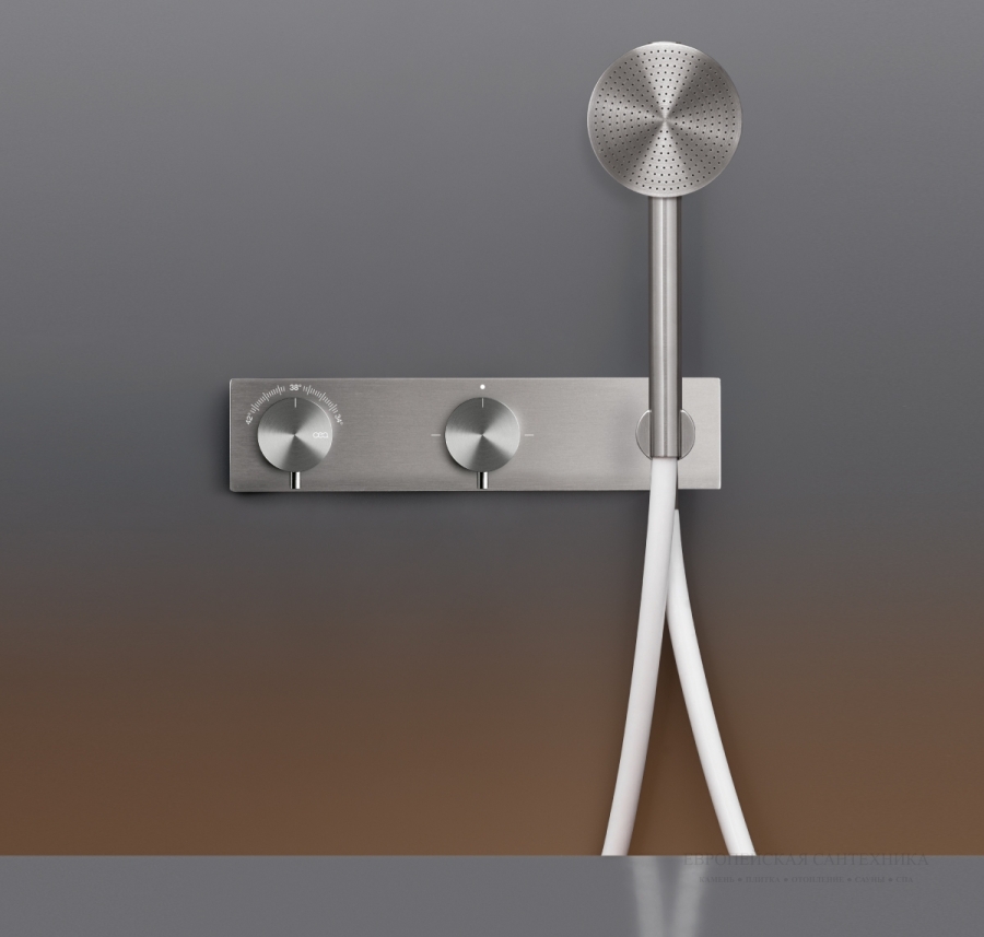 Смесители Термостат Milo360, настенный, на 3 отверстия, переключатель на 2 хода, ручной душ 80 мм, шланг в стальной оплётке, внешняя часть, цвет сатинированная сталь 
