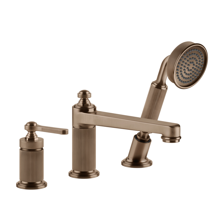 Смесители GESSI VENTI20 Смеситель для установки на борт ванны на 3 отверстия, однорычажный, с ручным душем и шлангом 1500 мм., цвет Copper Brushed PVD 