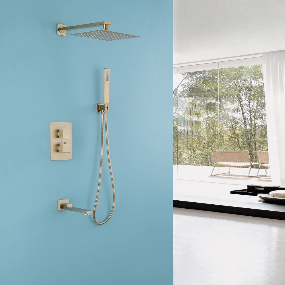 Душевая программа Душевая система скрытого монтажа с изливом, термостат, золото матовое 