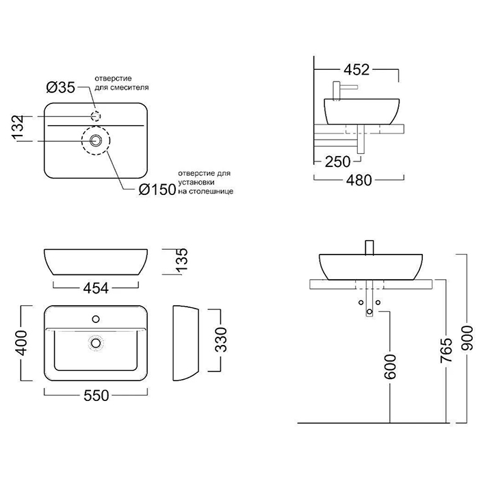 Раковины Раковина накладная 55x40x13,5 см, с 1 отверстием под смеситель, без перелива, белая глянцевая 