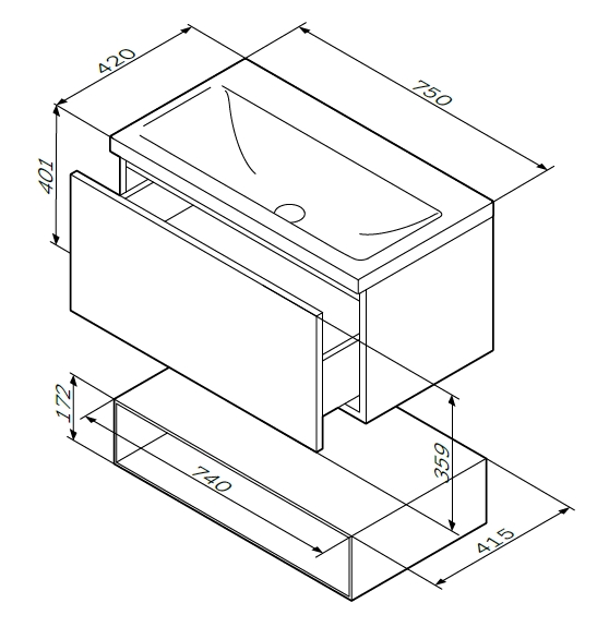 Мебель для ванной База под раковину, подвесная, 75 см, 1 ящик push-to-open, цвет: белый, глянец 