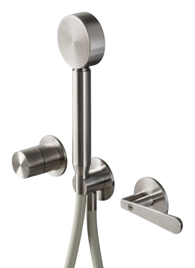 Смесители Термостат Lutezia, настенный, на 3 отверстия, ручной душ Ø 70 мм, шланг в цвете White, внешняя часть, сталь, цвет сатинированная бронза 