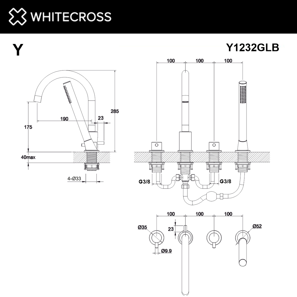 Смесители Смеситель для ванны на 4 отверстия Y1232GLB (брашированное золото) 
