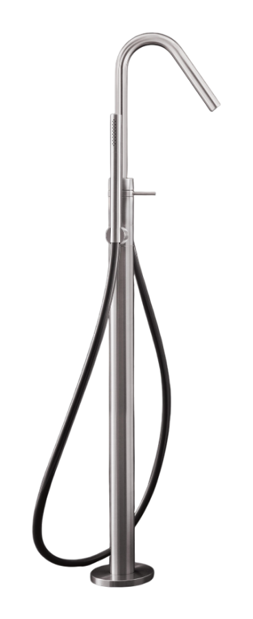 Смесители Смеситель для ванны Gradi, напольный, прогрессивный, поворотный излив, с ручным душем с шлангом в цвете Black, внешняя часть, сталь, цвет сатинированная сталь 