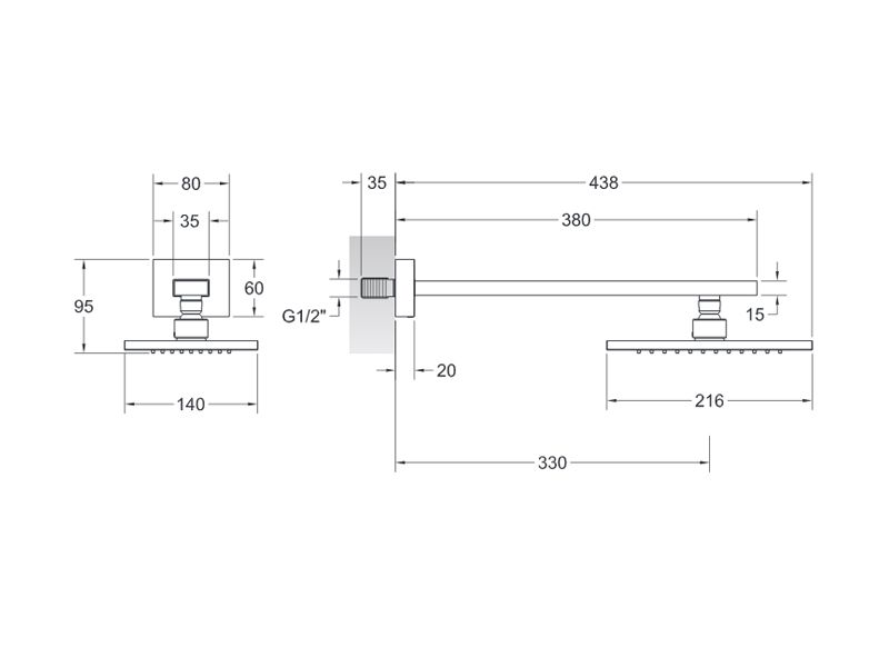 Душевая программа Верхний душ 216х140 мм с настенным кронштейном 330 мм, хром 