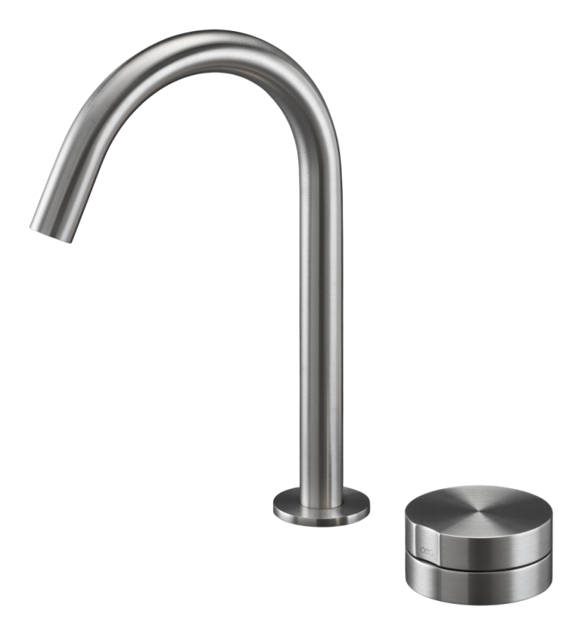 Смесители Смеситель для раковины Giotto Plus, на 2 отверстия, H-235 мм, поворотный излив, сталь, цвет сатинированное светлое золото 