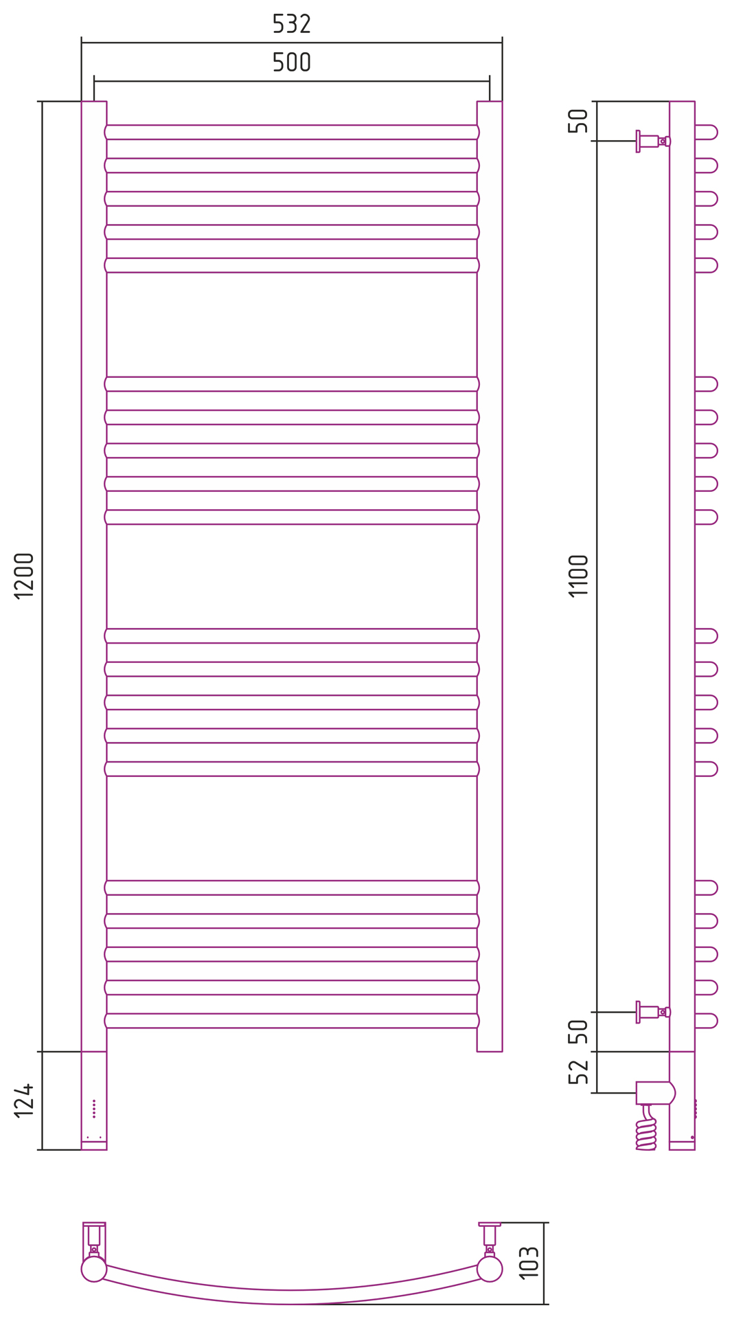 Полотенцесушители Радиатор электрический 1200х500 электрический модуль левый 