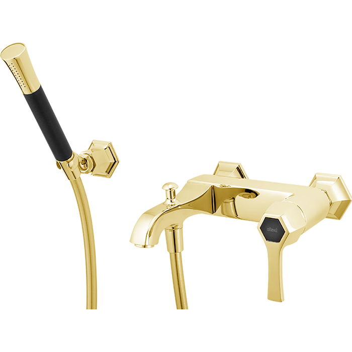 Смесители Смеситель настенный для ванны/душа с ручной лейкой, держателем и шлангом, цвет золото/черный матовый 