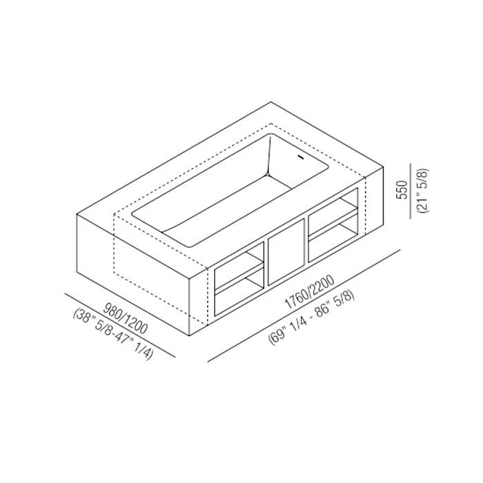 Ванны Ванна отдельностоящая 220х98х55 см с полочками, цвет: белая 