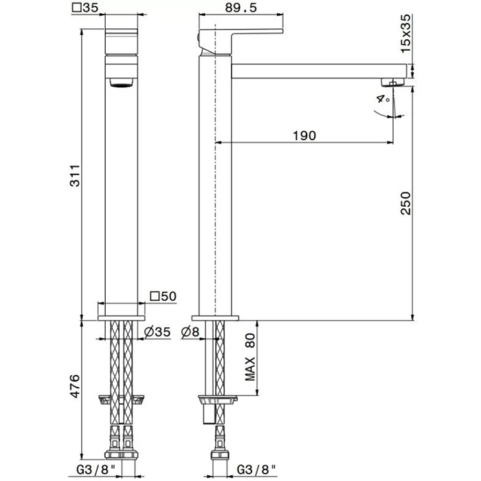Смесители Однорычажный смеситель для раковины, высокий, без донного клапана 3/8, матовый черный 