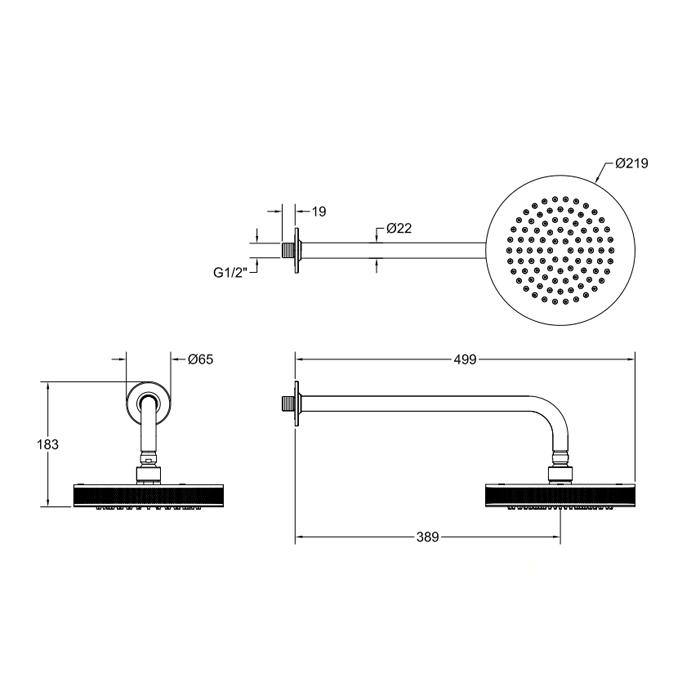Душевая программа Верхний душ 218 мм, настенный кронштейн 389 мм, цвет черный матовый 