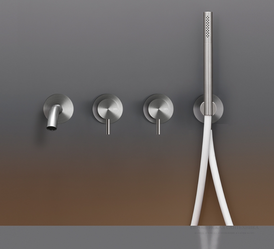 Смесители Смеситель Milo360, настенный, на 4 отверстия, излив, с ручным душем Ø18 мм, шланг в цвете Quartz Grey, внешняя часть, цвет сталь сатинированная 