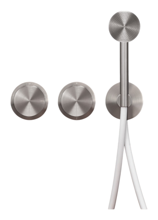 Смесители Термостат Giotto, настенный, на 3 отверстия, ручной душ Ø 65 мм, шланг в цвете Black, внешняя часть, сталь, цвет Black Diamond сатинированный 