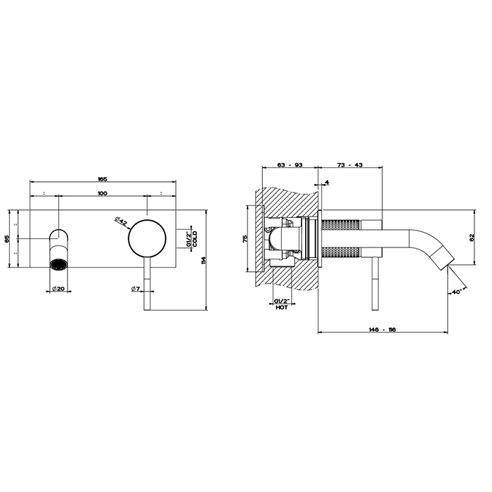 Смесители Встраиваемый смеситель для раковины с изливом 127-147 мм, цвет: brushed black metal pvd 