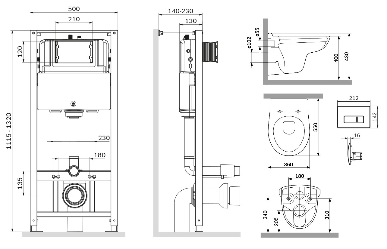 Унитазы Инсталляция с клавишей Pro M цвет белый с подвесным унитазом Sense безободковым с сидением микролифт 