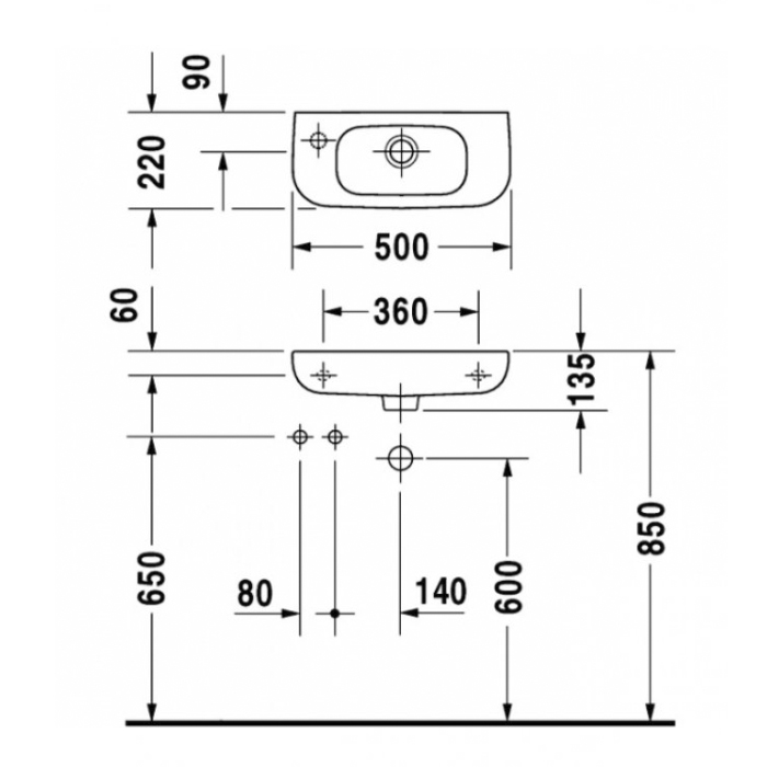 Раковины Раковина для рук с переливом без отверстий под смеситель 500x220 мм, цвет белый 