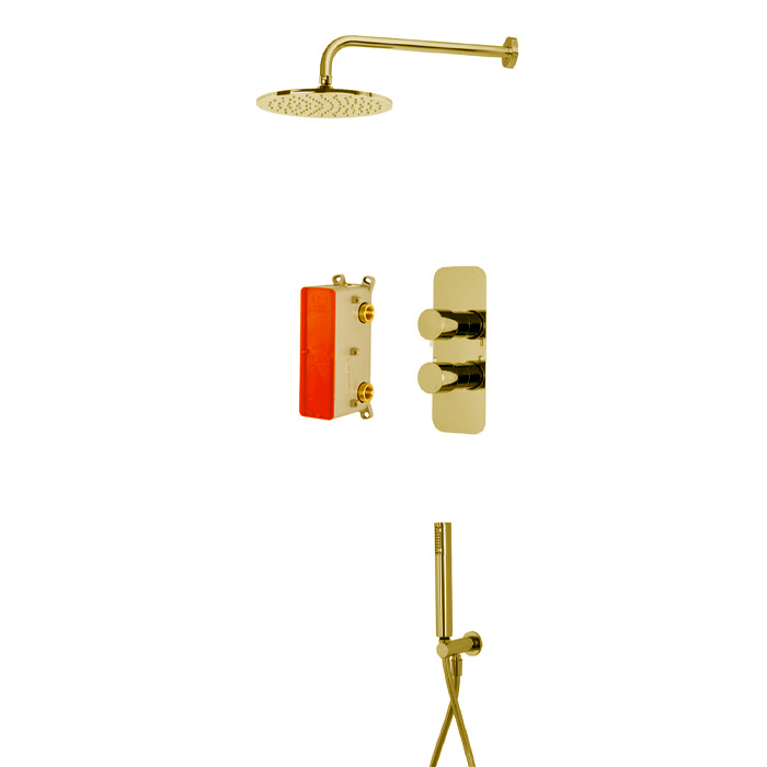 Душевая программа Душевая система, верхний душ 25 см, со смесителем и ручным душем, на 2 источника, цвет золото 