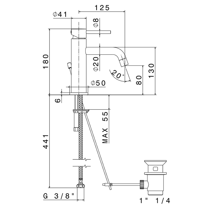 Смесители Смеситель для раковины на 1 отверстие с донный клапаном, излив 125мм, цвет хром 