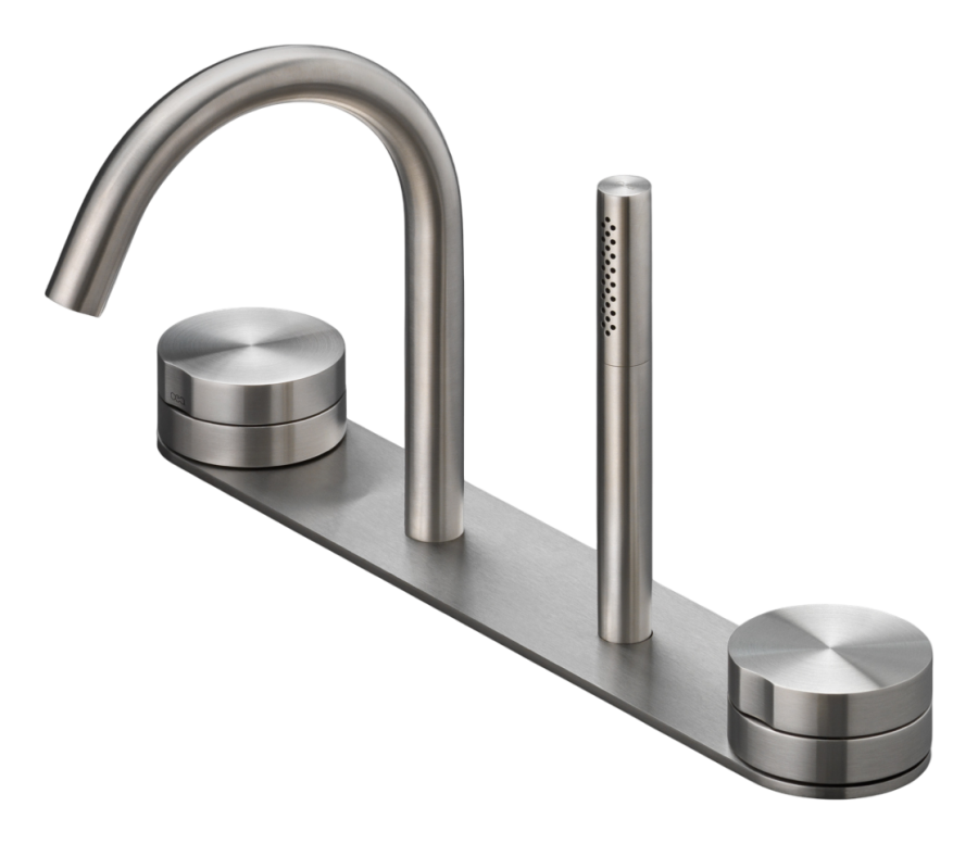 Смесители Смеситель на борт ванны Giotto Plus, комплект: 2 монокомандных смесителя, излив, ручной душ Ø 18 мм, внешняя часть, сталь, цвет сатинированная сталь 