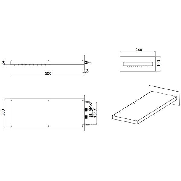 Душевая программа Верхний душ 500x200x24 мм, 2 режима: дождь, каскад 