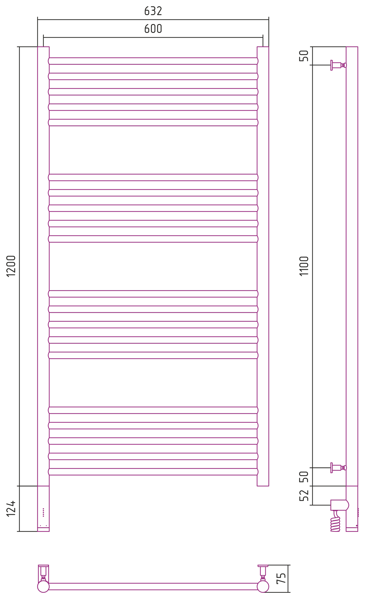 Полотенцесушители Радиатор электрический прямая 1200х600 электрический модуль левый 