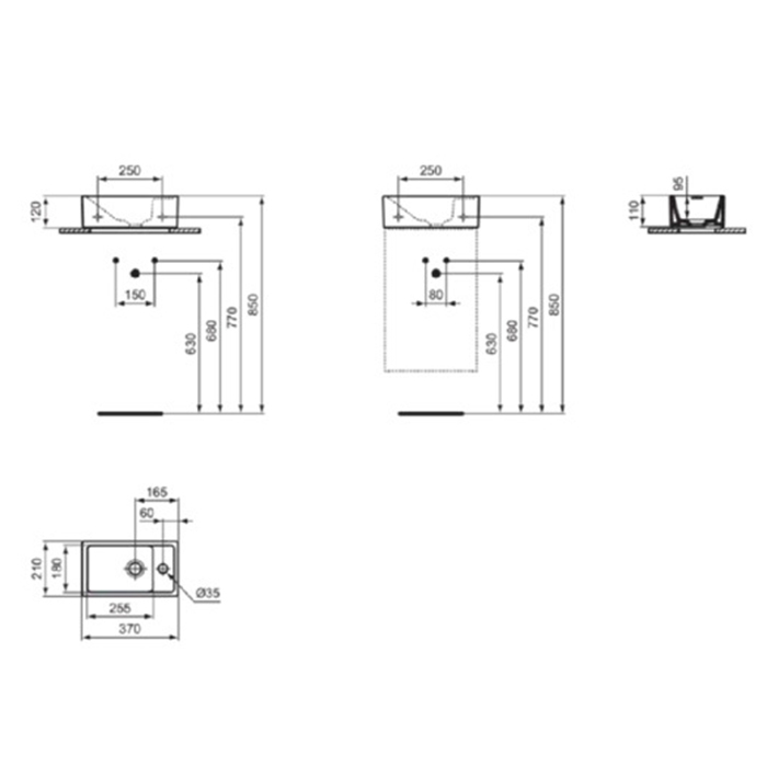 Раковины Раковина 370х210xh120 мм, подвесная, с отверстием под смеситель справа, без перелива, без крепежа, цвет белый матовый 