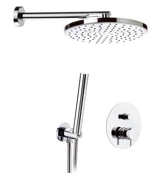 Душевой комплект на 2 потребителя, с кронштейном 30 см и круглым верхним душем 20 см, цвет черный матовый