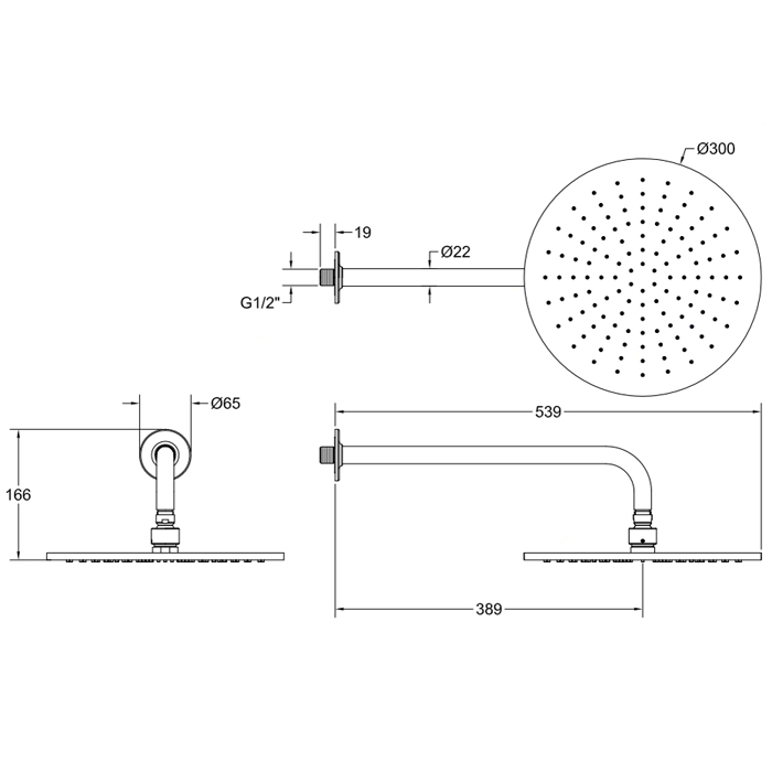 Душевая программа Верхний душ 300 мм, настенный кронштейн 389 мм, цвет черный матовый 