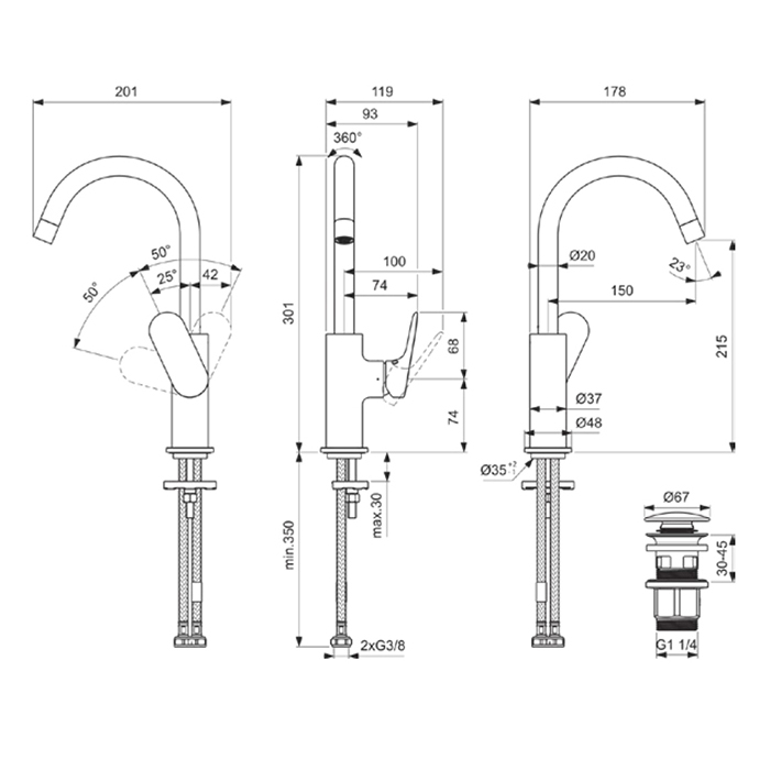 Смесители Смеситель для раковины H215, с поворотным изливом, с донным клапаном, цвет хром 