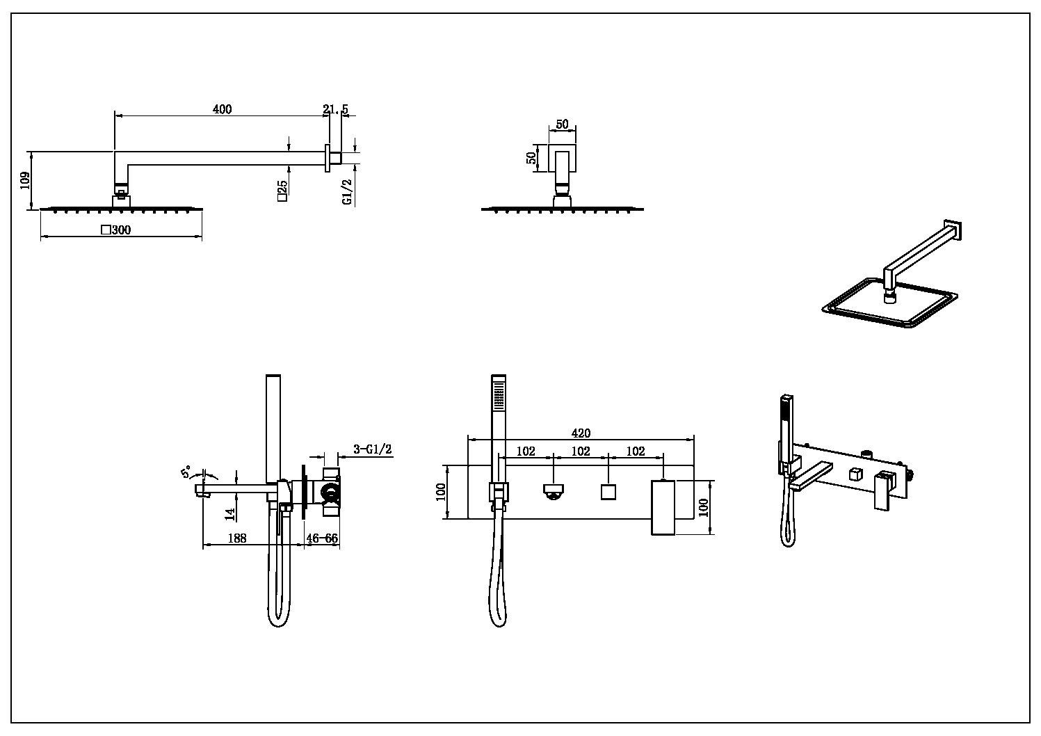Смесители Смеситель встроенный + верхний+ ручной душ Matt Black 