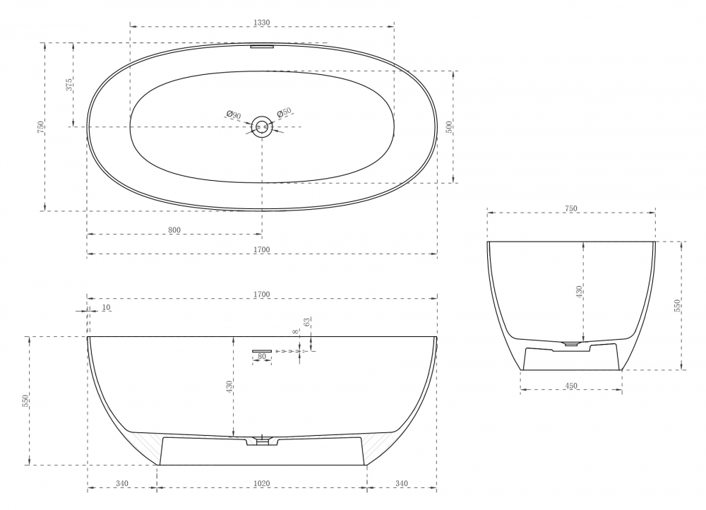 Ванны Ванна из искусственного камня белая матовая 170x75 