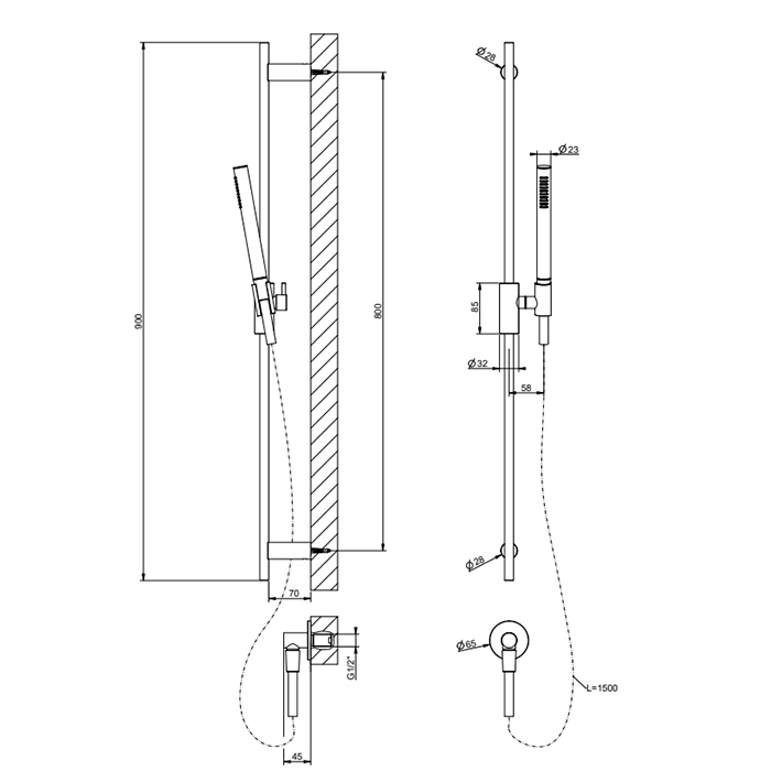 Душевая программа Unito Душевой гарнитур с штангой, выводом воды, ручным душем и шлангом 1500 мм., цвет: хром 