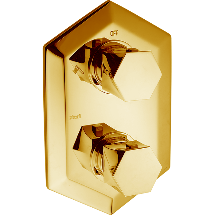 Смесители Внешняя часть встраиваемого термостатического смесителя для душа, переключатель на 3 выхода, цвет золото 