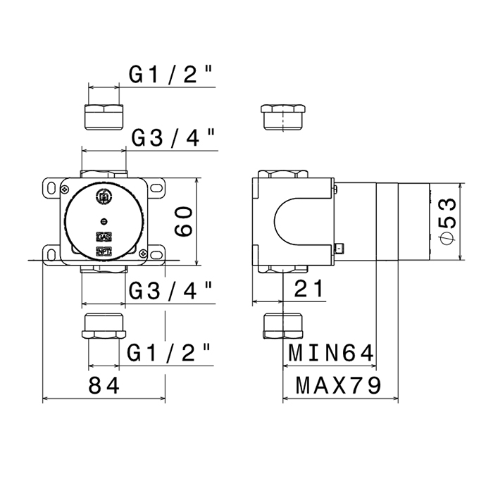 Смесители Встраиваемая часть запорного вентиля 3/4 