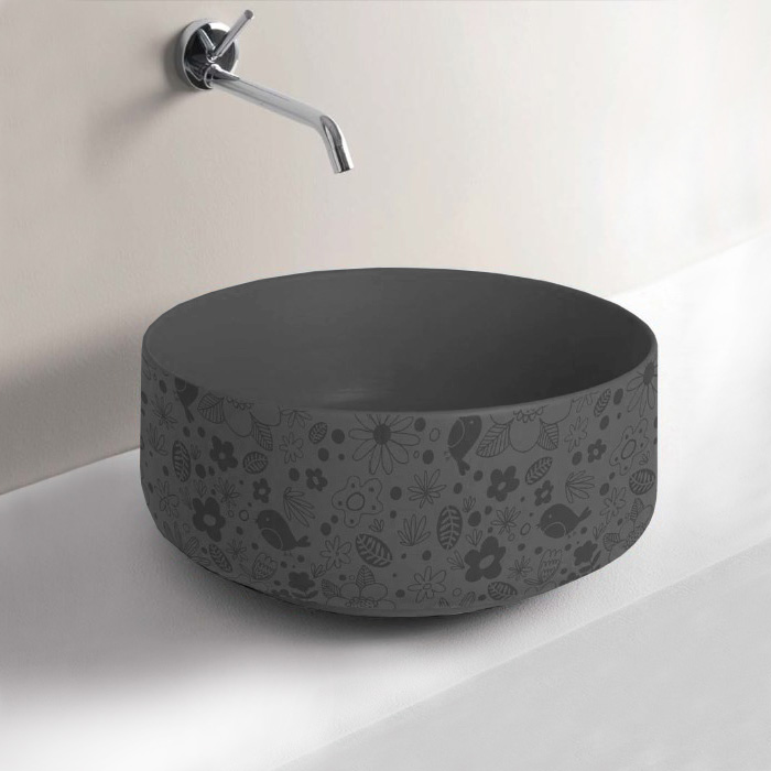 Раковина 420 мм., для установки на столешницу, без отверстий для смесителя, без перелива, цвет Grigio oliva, декор lol