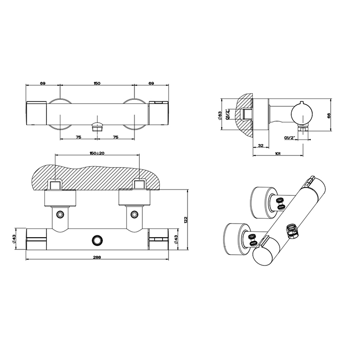 Смесители Смеситель термостатический наружный для душа, цвет Chrome 