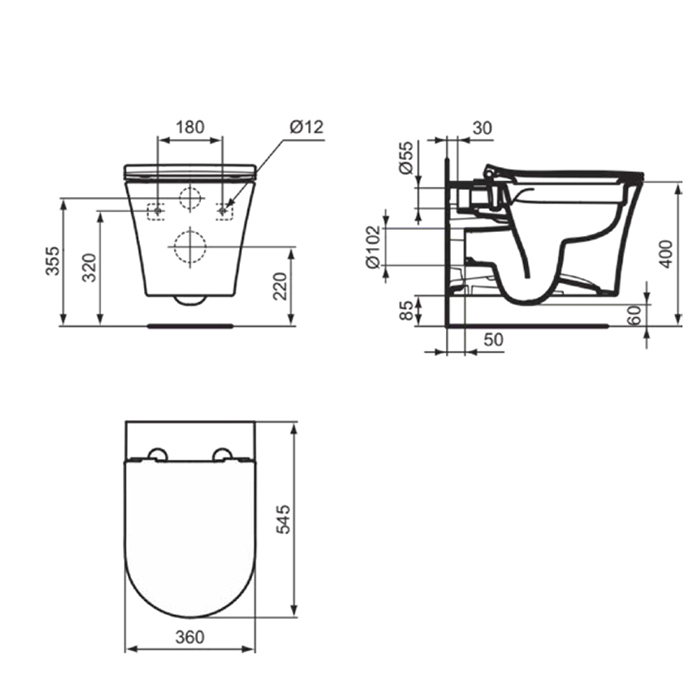 Унитазы Унитаз подвесной 545х360 мм безободковый RimLS+ с покрытием Ideal Plus, со скрытым крепежом , цвет белый глянец 