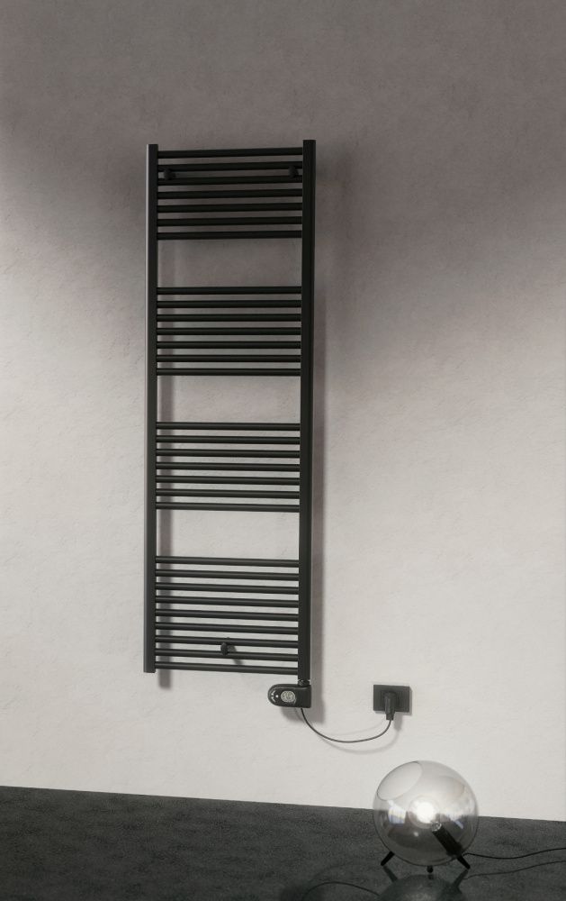 Полотенцесушитель электрический 1385/500 мм (25 перекладин), термостат с проводом и штекером, цвет черный матовый