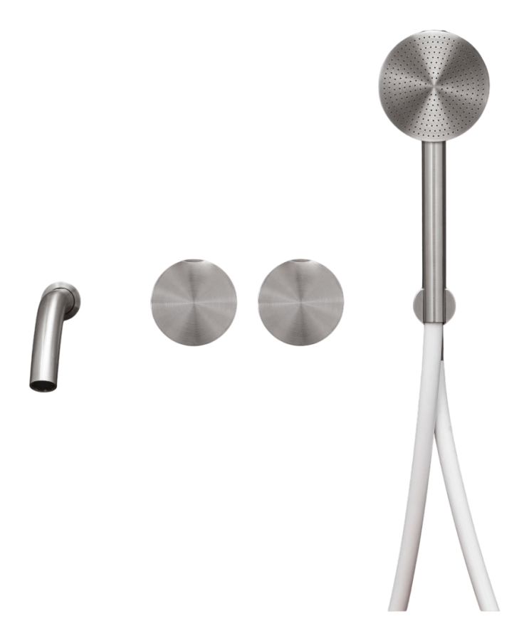 Смесители Смеситель для ванны Giotto, настенный, 2 прогрессивных смесителя, излив, ручной душ Ø 80 мм, шланг в цвете White, внешняя часть, цвет сатинированное светлое золото 