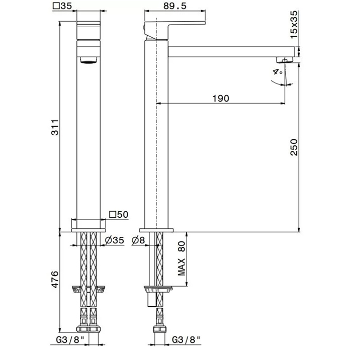 Смесители Однорычажный смеситель для раковины, высокий, без донного клапана 3/8, хром 