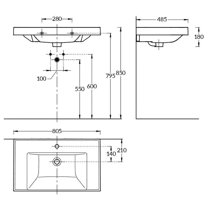 Раковины Раковина подвесная/мебельная 80x48,5x18 см, с 1 отверстием под смеситель, с переливом, белая глянцевая 