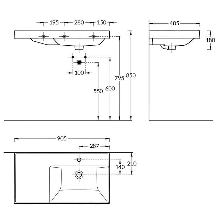 Раковины Раковина правая подвесная/мебельная 90x48,5x18 см, с 1 отверстием под смеситель, с переливом, цвет белый глянцевый 