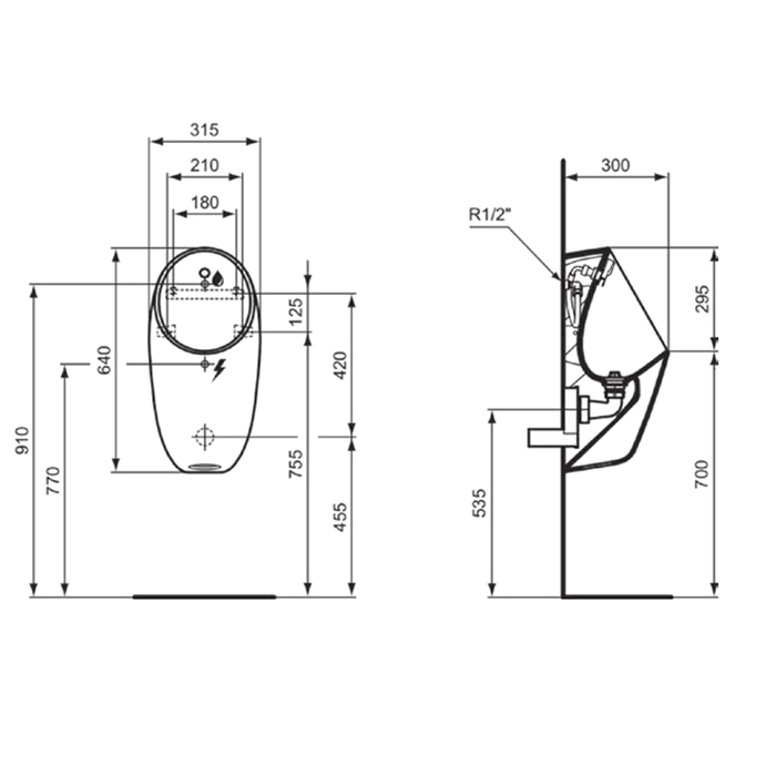 Писсуары Писсуар подвесной 640х310х300 мм, Rimless сенсорный, в комплекте крепеж, сифон, датчик 12в, цвет белый 